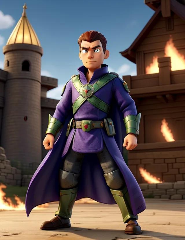 a man in a purple outfit standing in front of a castle