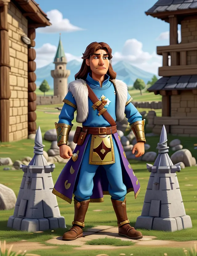 a cartoon character standing in front of a castle