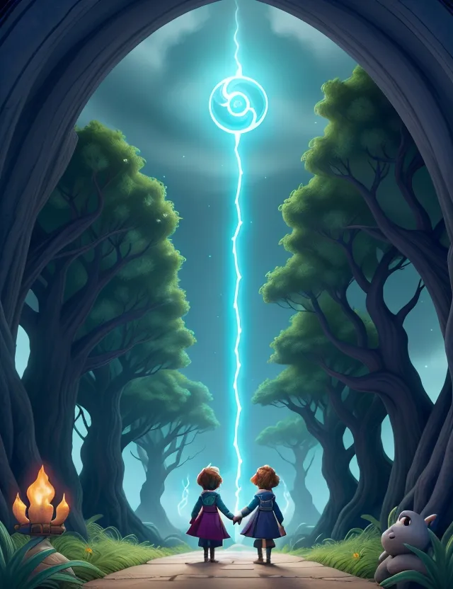 a couple of kids holding hands in front of a forest