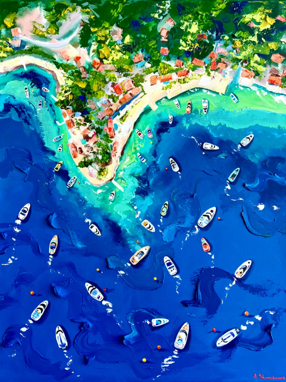 a painting of boats floating in the water