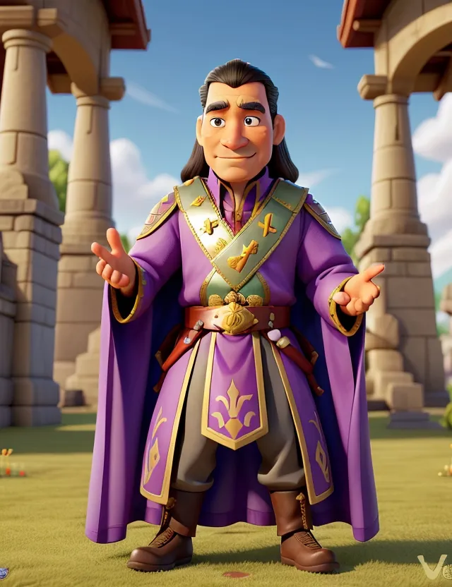 a cartoon character in a purple and gold outfit