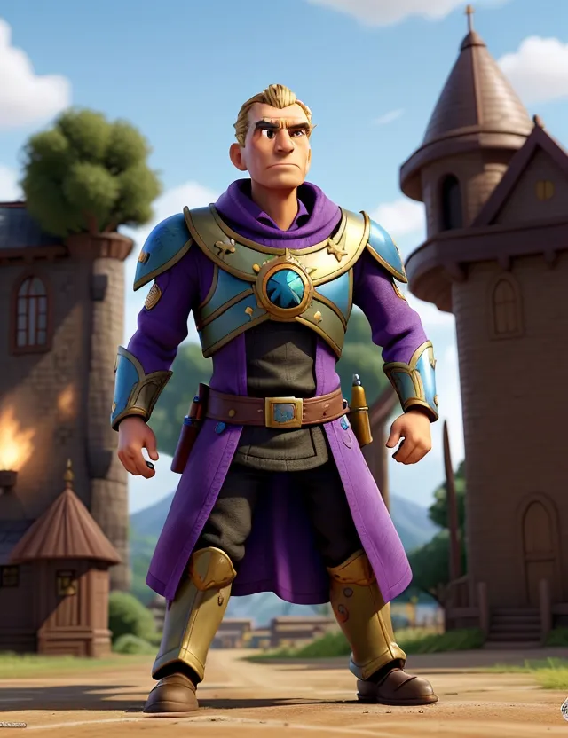 a man in a purple outfit standing in front of a castle