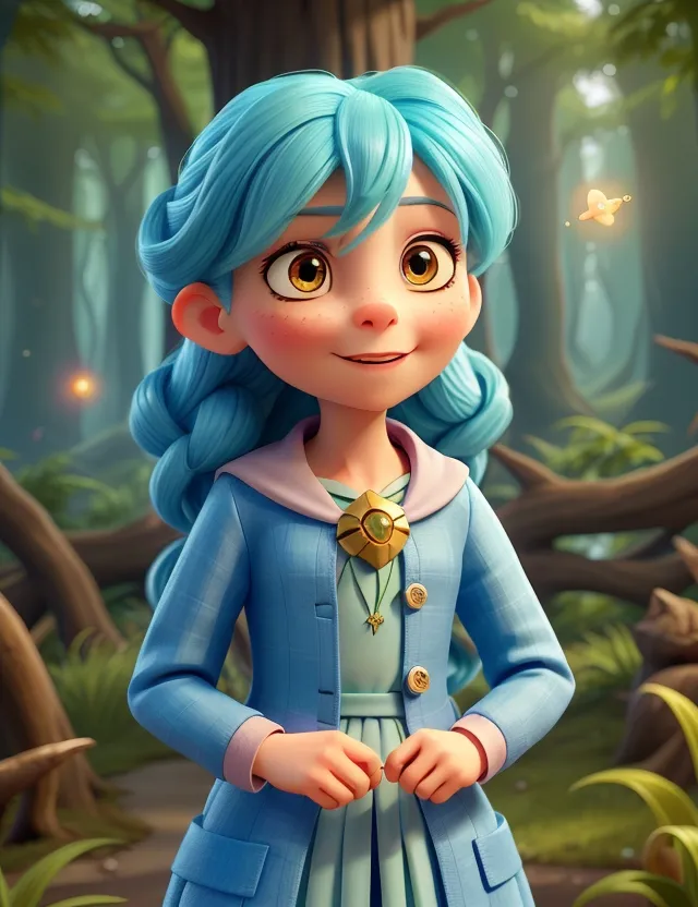 a cartoon girl in a blue dress standing in a forest