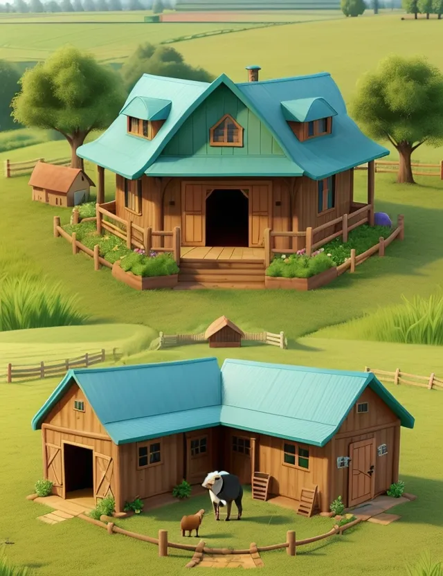 two pictures of a house with a horse in the yard