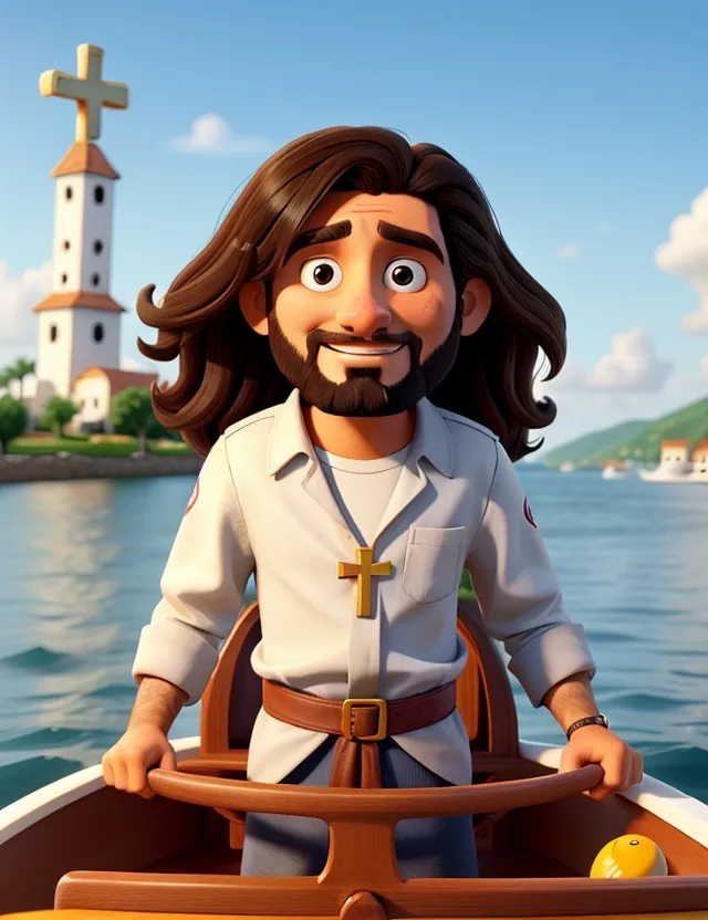 a cartoon character in a boat with a cross on it