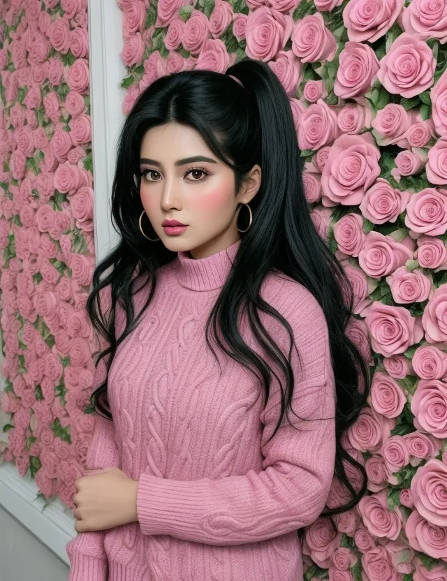 a woman with long black hair standing in front of a wall of pink roses