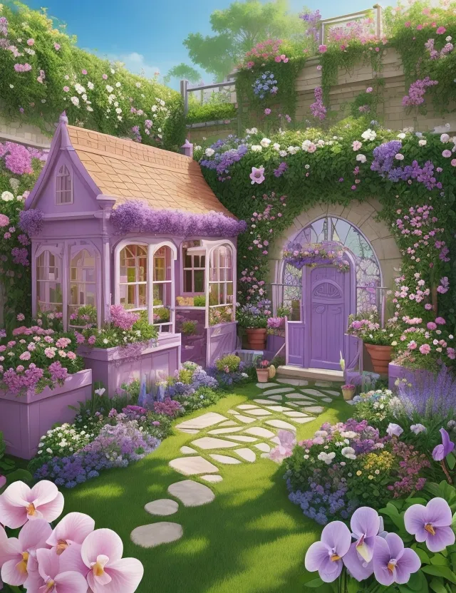 a painting of a purple house surrounded by flowers