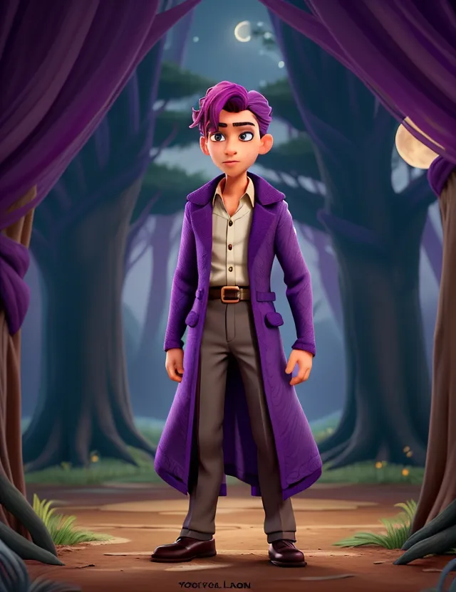 a man in a purple coat standing in front of a forest