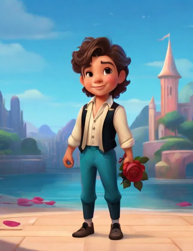 a cartoon character holding a rose in front of a castle, giving rose