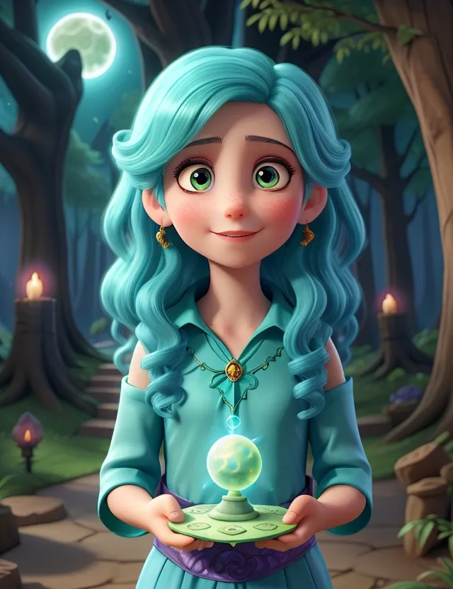 a cartoon girl holding a plate with a crystal ball on it