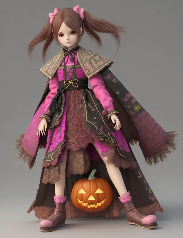 a doll dressed in a costume with a pumpkin