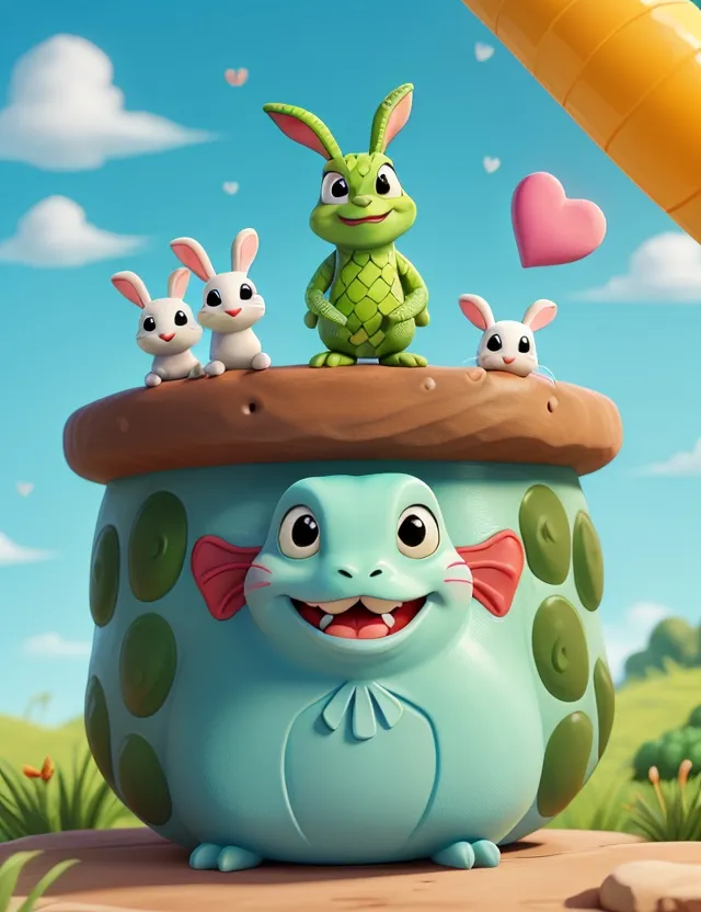 a group of rabbits sitting on top of a pot in happy mood