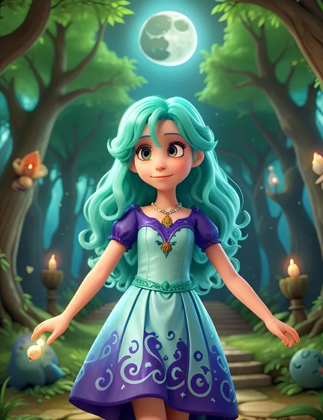 a girl in a blue dress standing in a forest