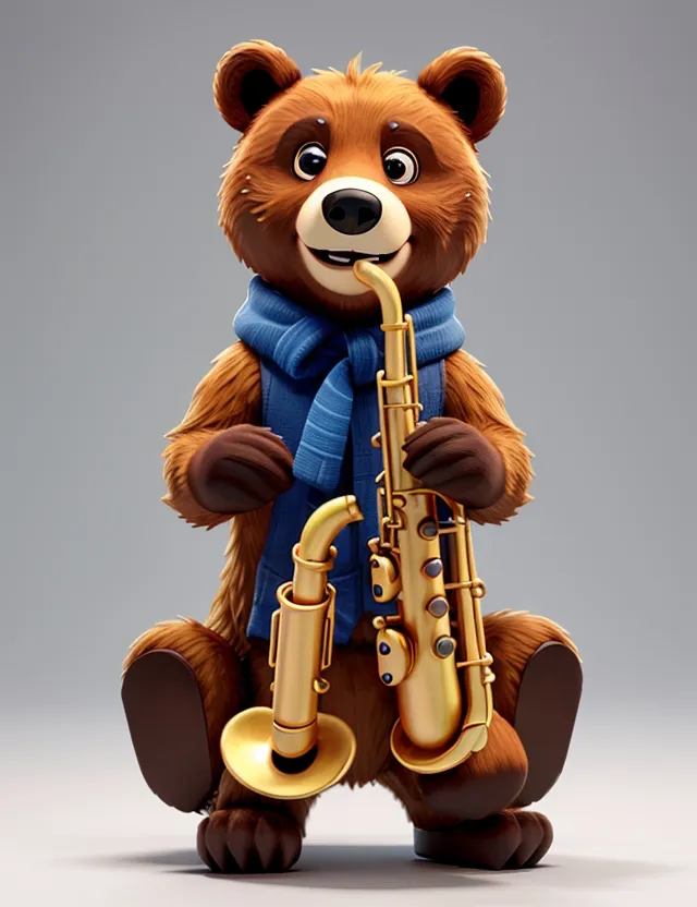 a brown bear playing a saxophone and wearing a blue scarf