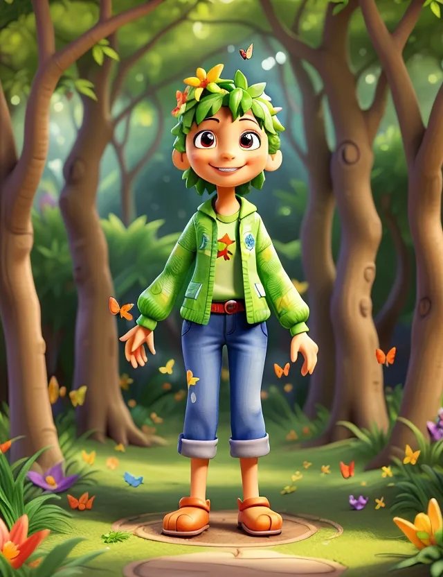 a cartoon girl standing in the middle of a forest walking in jungle