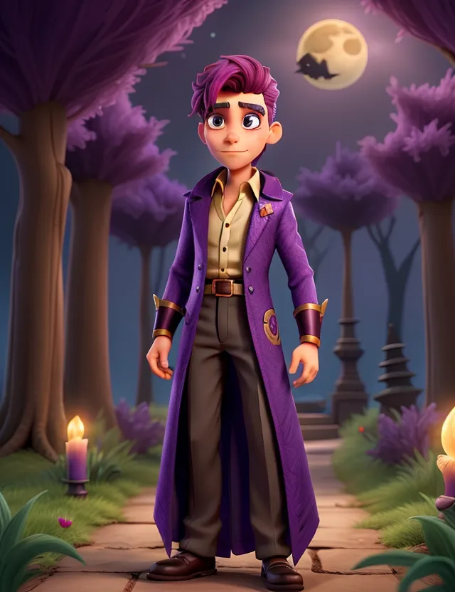 a man in a purple coat standing in a forest