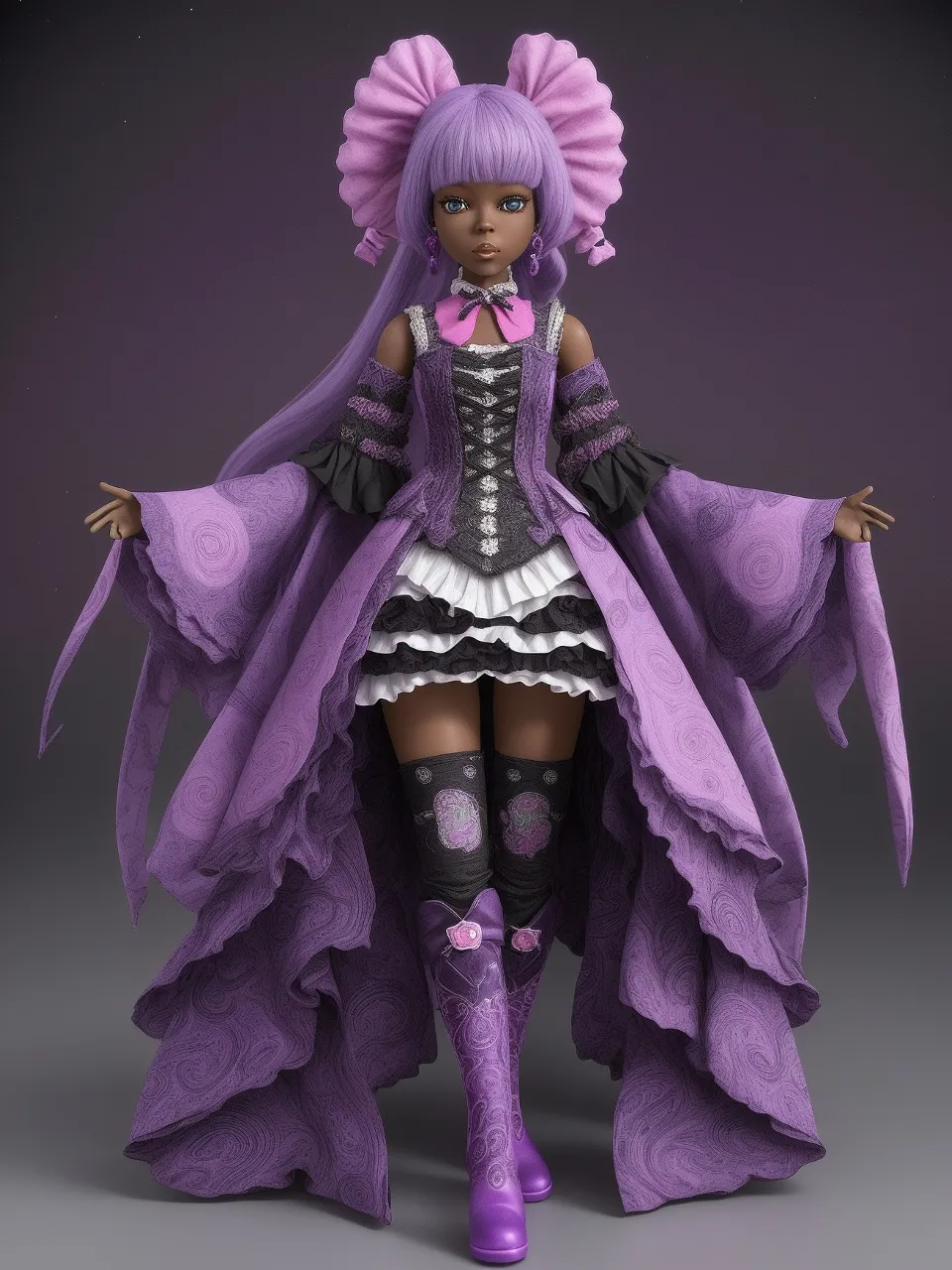 a doll dressed in a purple outfit and boots