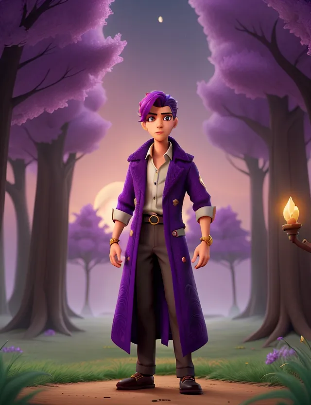 a man in a purple coat standing in front of a forest