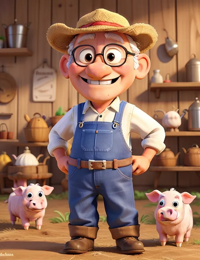 a cartoon character standing next to two pigs