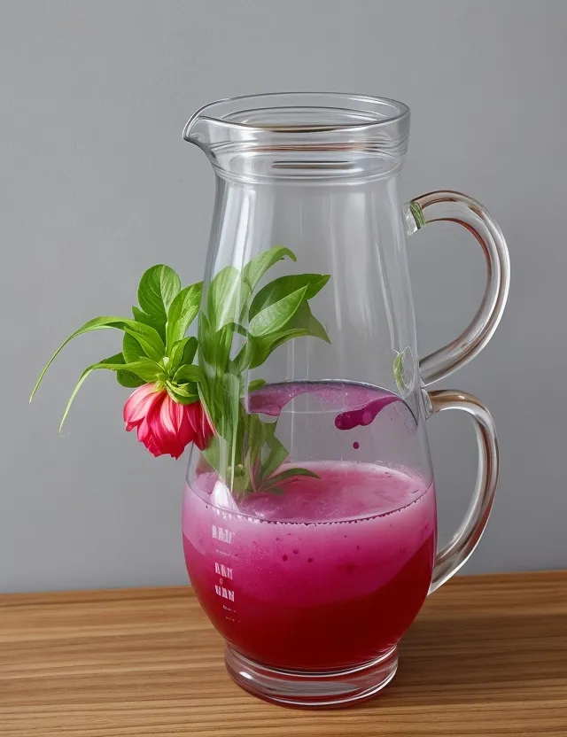 a glass pitcher filled with liquid and a flower, liquid is shaking slowly,  