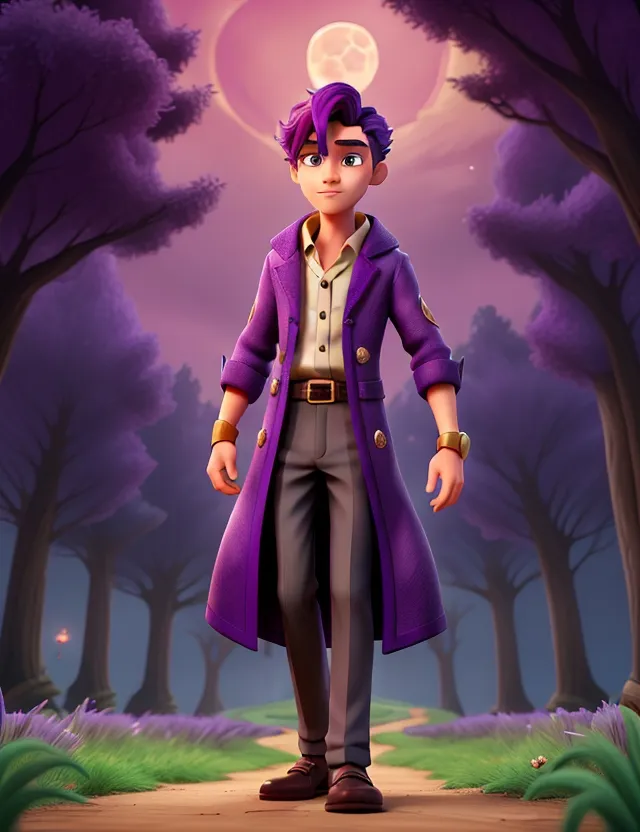 a man in a purple coat standing in front of a forest