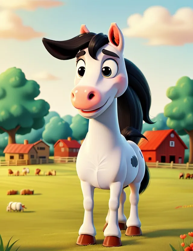 a cartoon horse is standing in a field