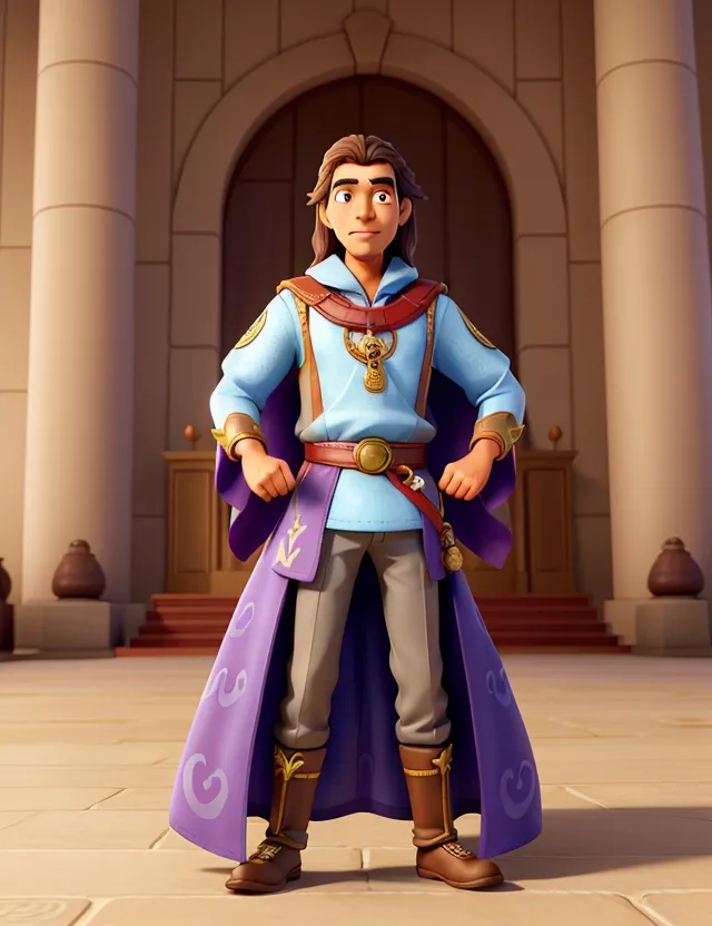 a man in a blue shirt and purple cape standing in front of a building