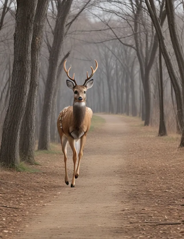 a deer walking down a dirt road next to trees