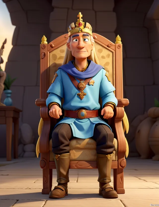 a cartoon character sitting in a chair with a crown on