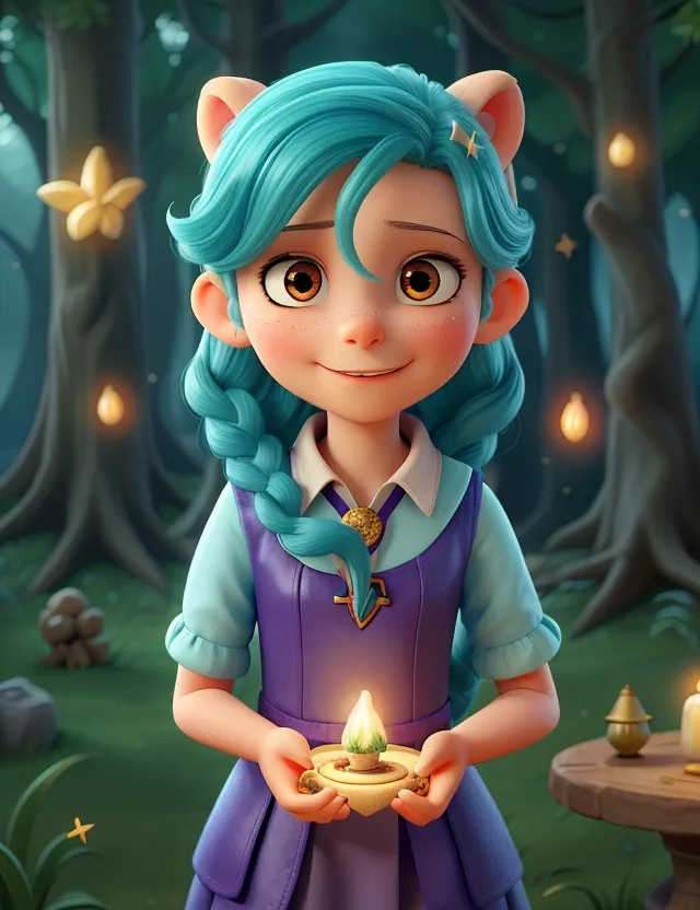 a cartoon character holding a candle in a forest