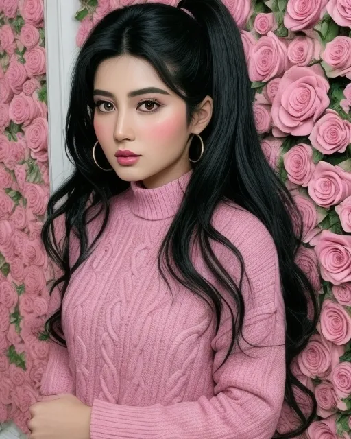 a woman with long black hair wearing a pink sweater a woman with long black hair wearing a pink sweater