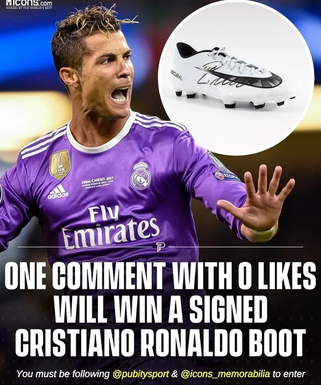 Cristiano Ronaldo with his hand out and a picture of a shoe