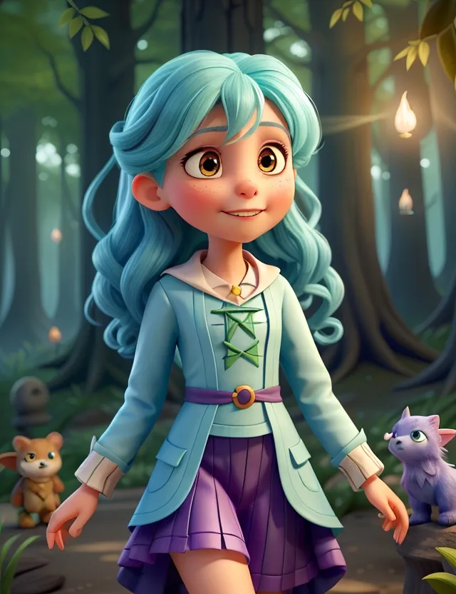 a girl with blue hair is walking in the woods