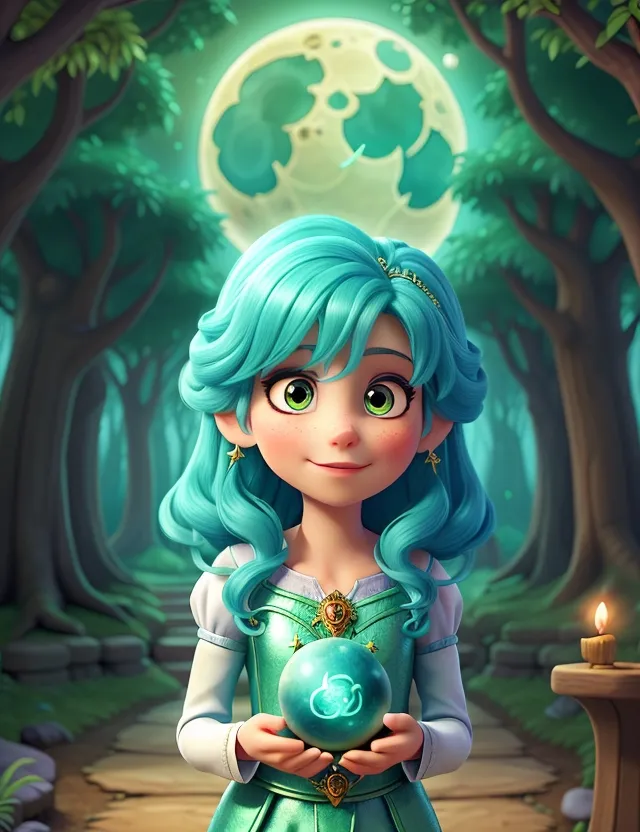 a cartoon character holding a green ball in a forest