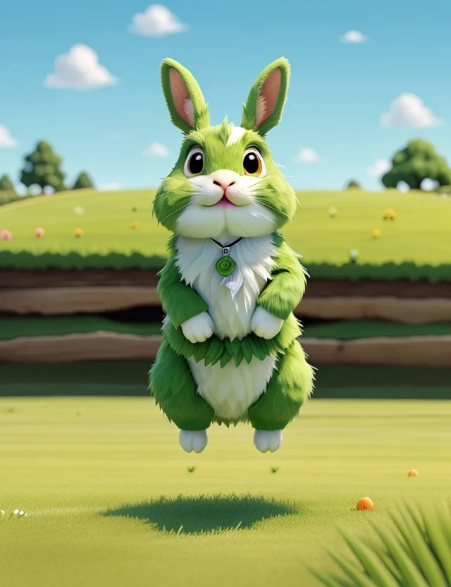 a green and white rabbit jumping in the air