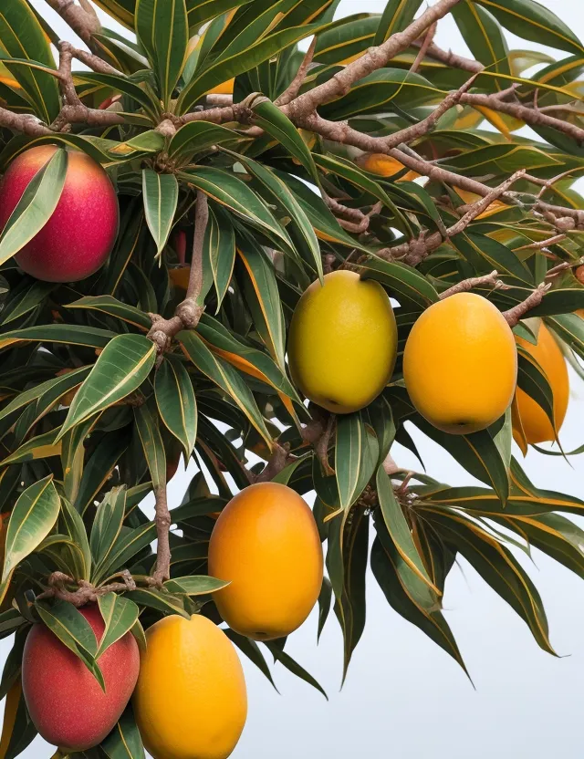 a tree filled with lots of ripe mangoes, shaking by air slightly, original mangos. 