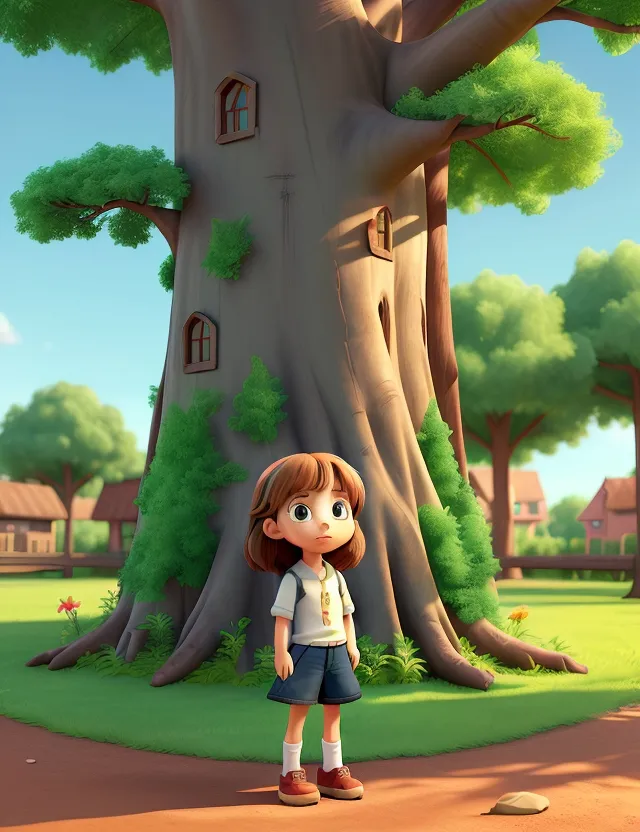 a young girl standing in front of a grow up tree