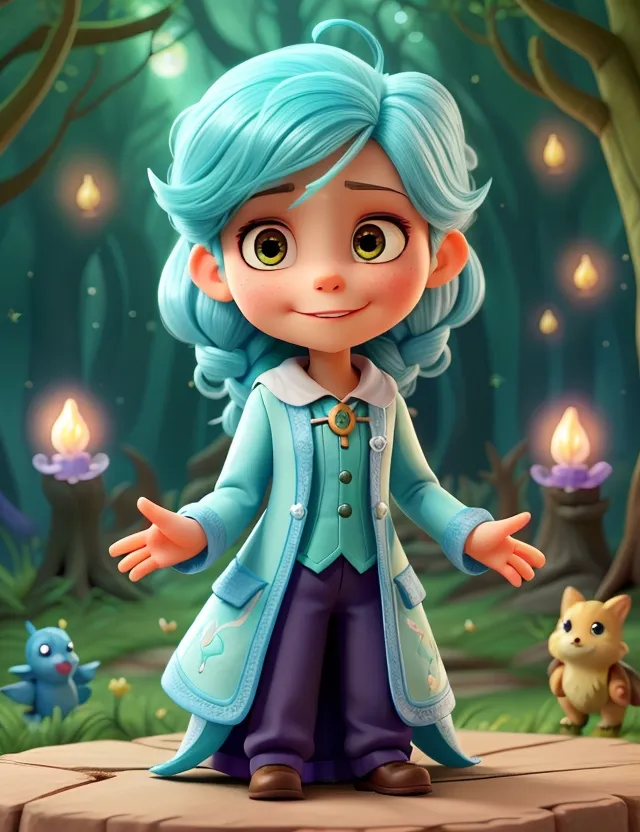 a cartoon girl with blue hair standing in a forest