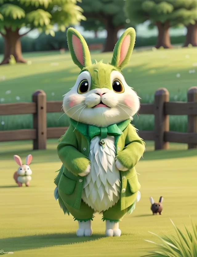 a green rabbit dressed in a green outfit hop hop hop