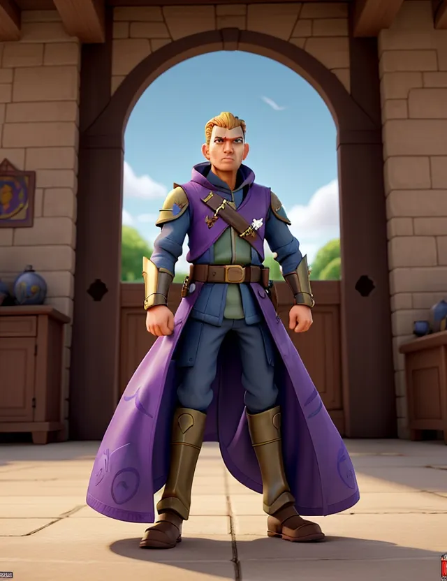 a man in a purple outfit standing in front of a doorway