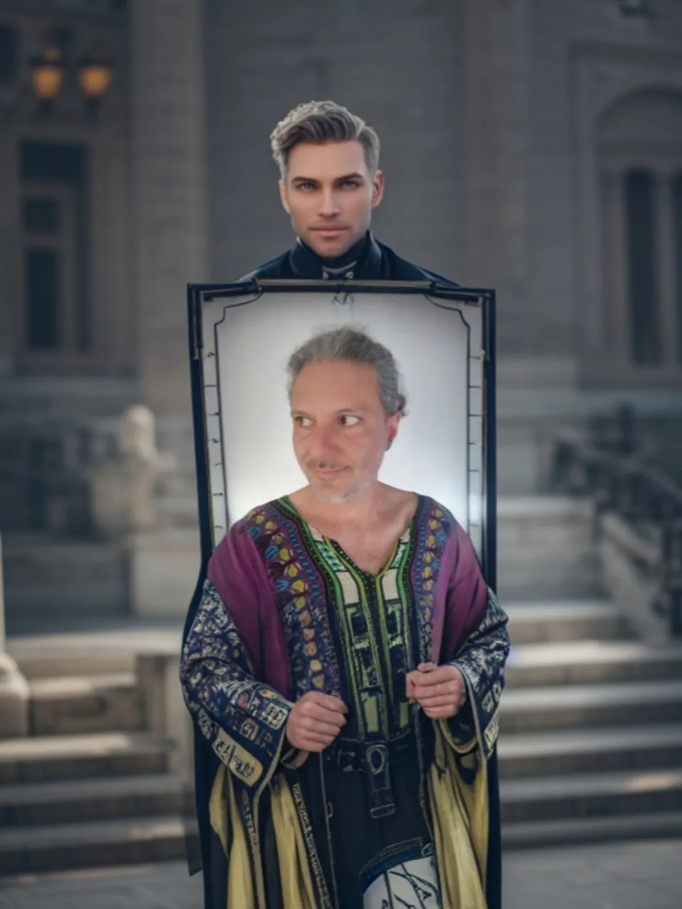 a man in a costume holding a picture of himself