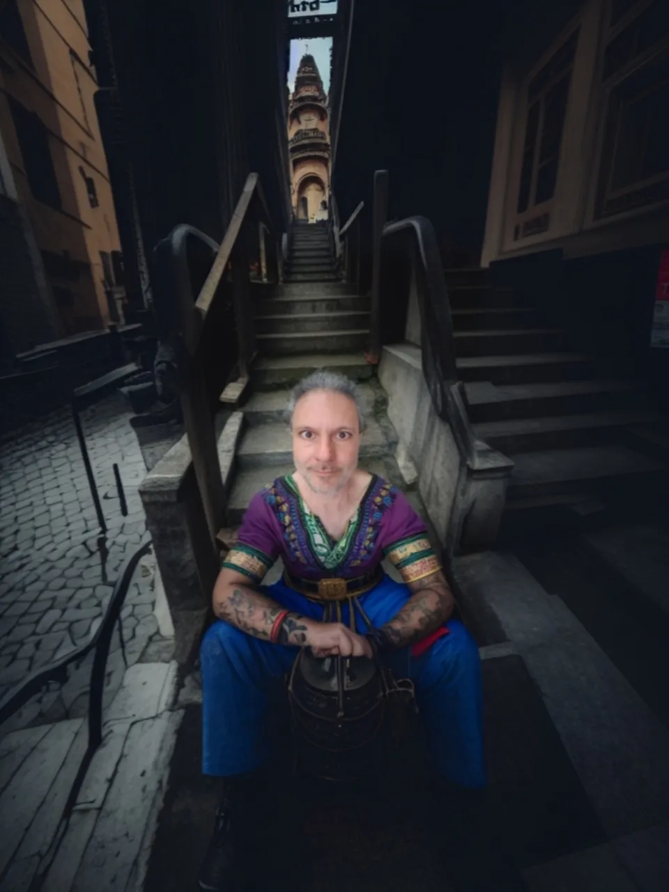 a man sitting on the steps of a building