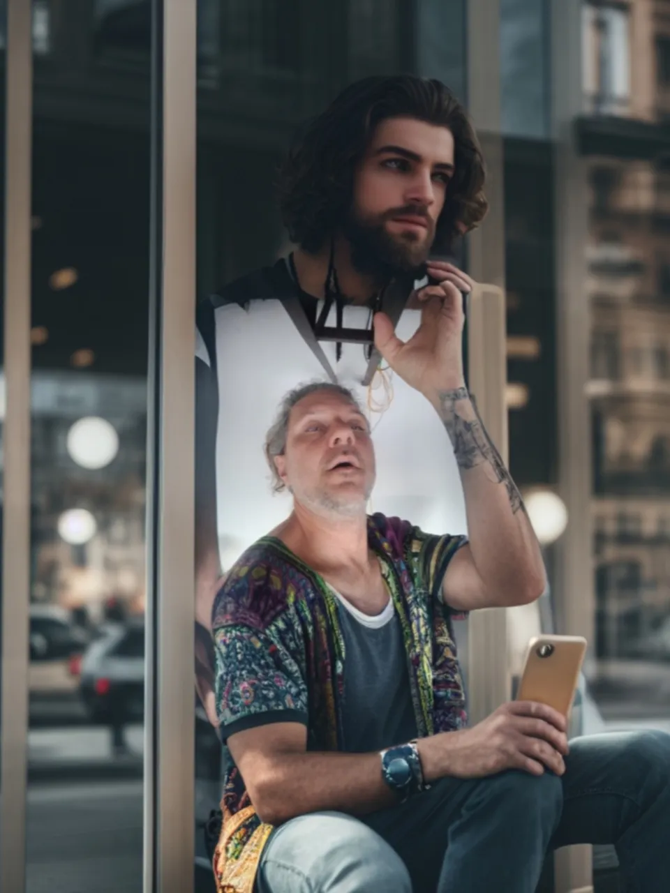 a man sitting in front of a window talking on a cell phone