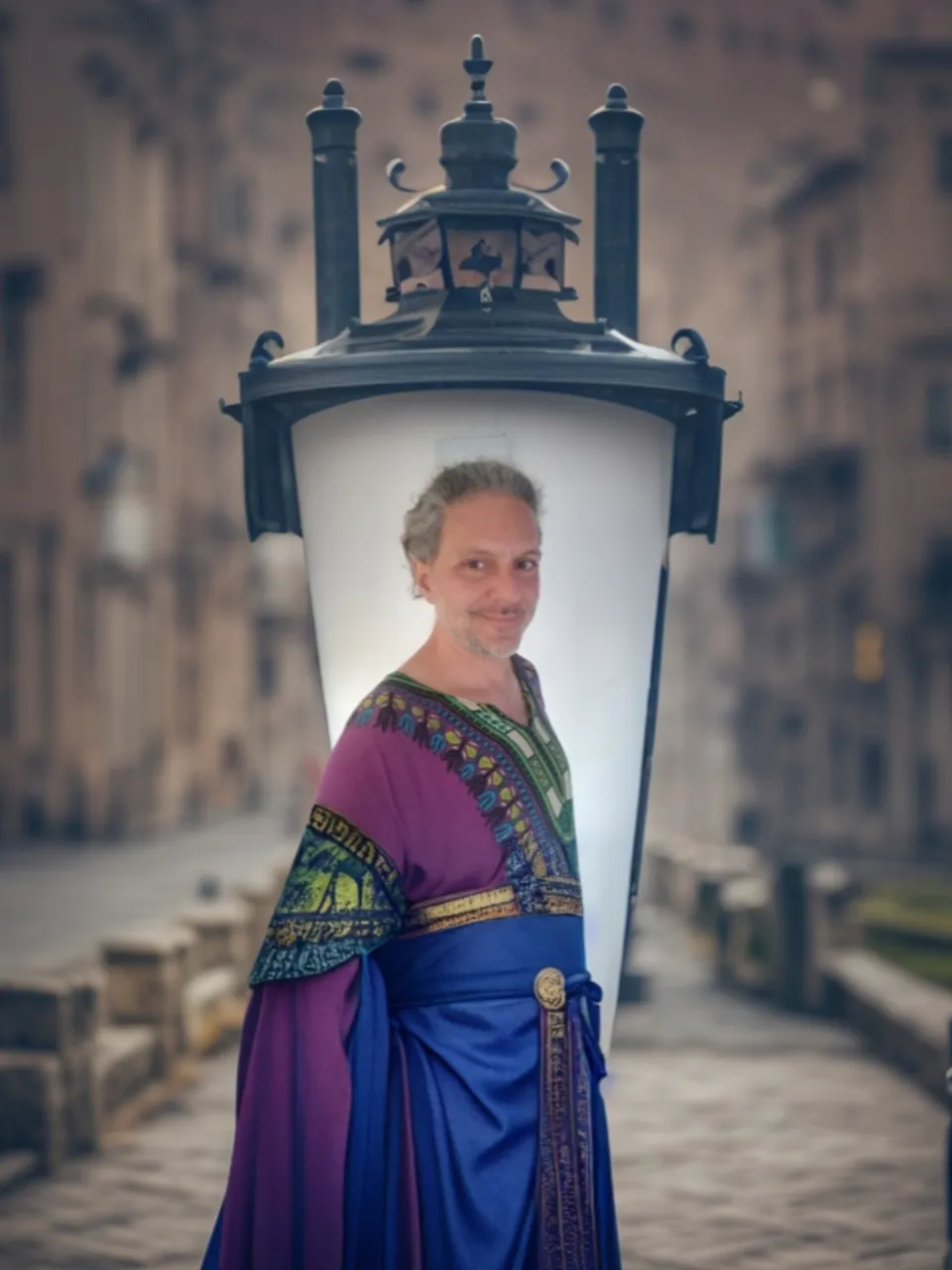 a woman in a purple dress standing under a street light