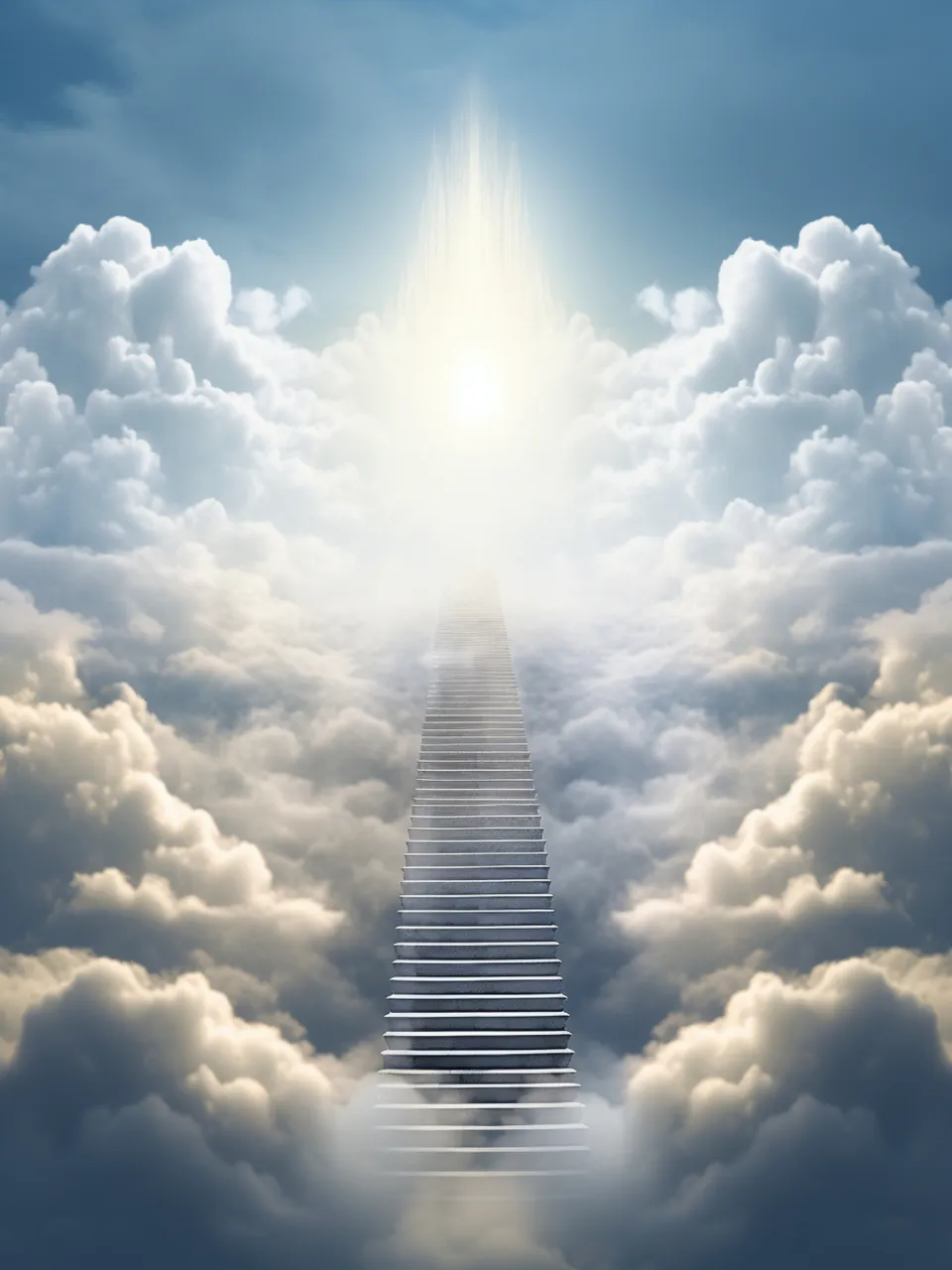 a stairway in the clouds leading to a bright light