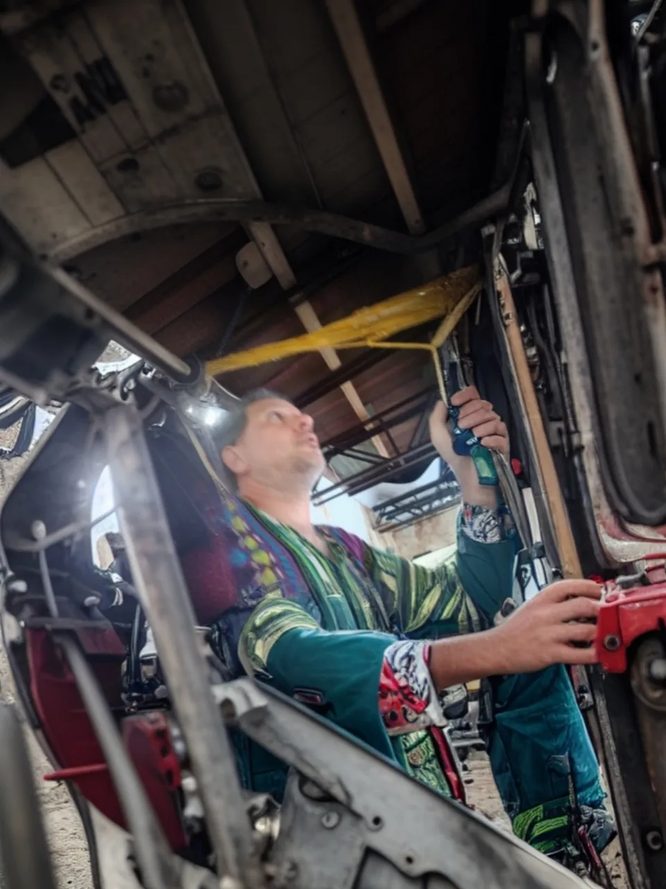 a man working on a vehicle in a garage