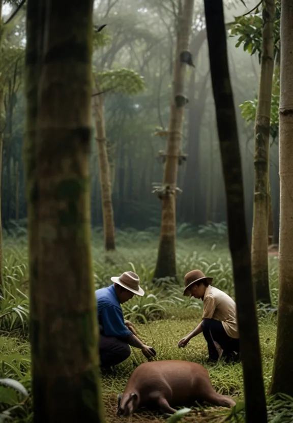 a couple of men kneeling down next to a saola