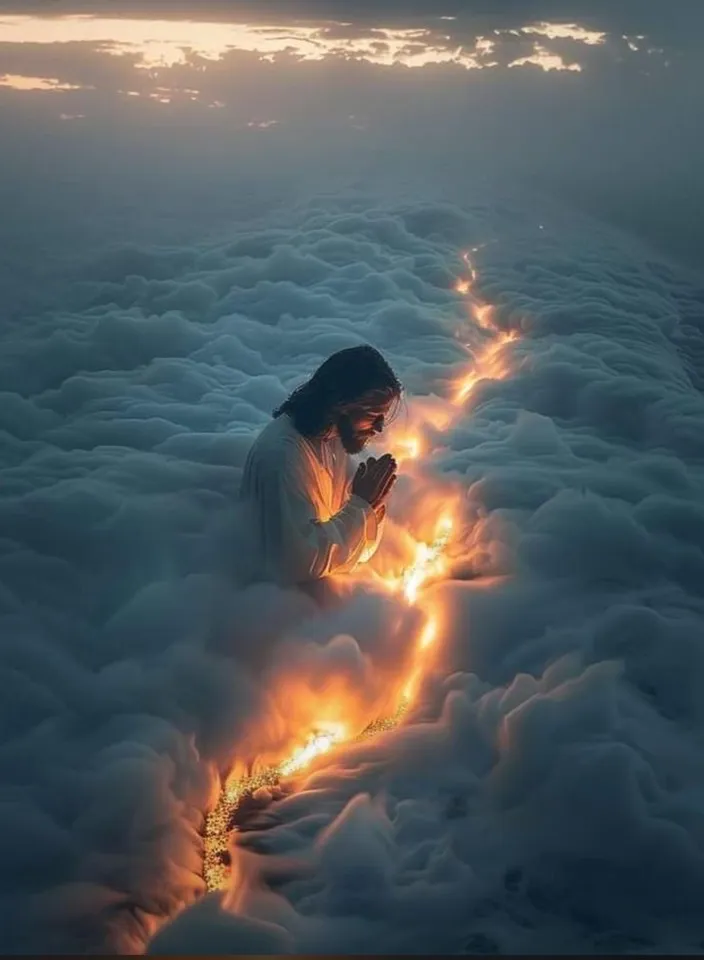 a woman kneeling in the clouds holding a lit candle