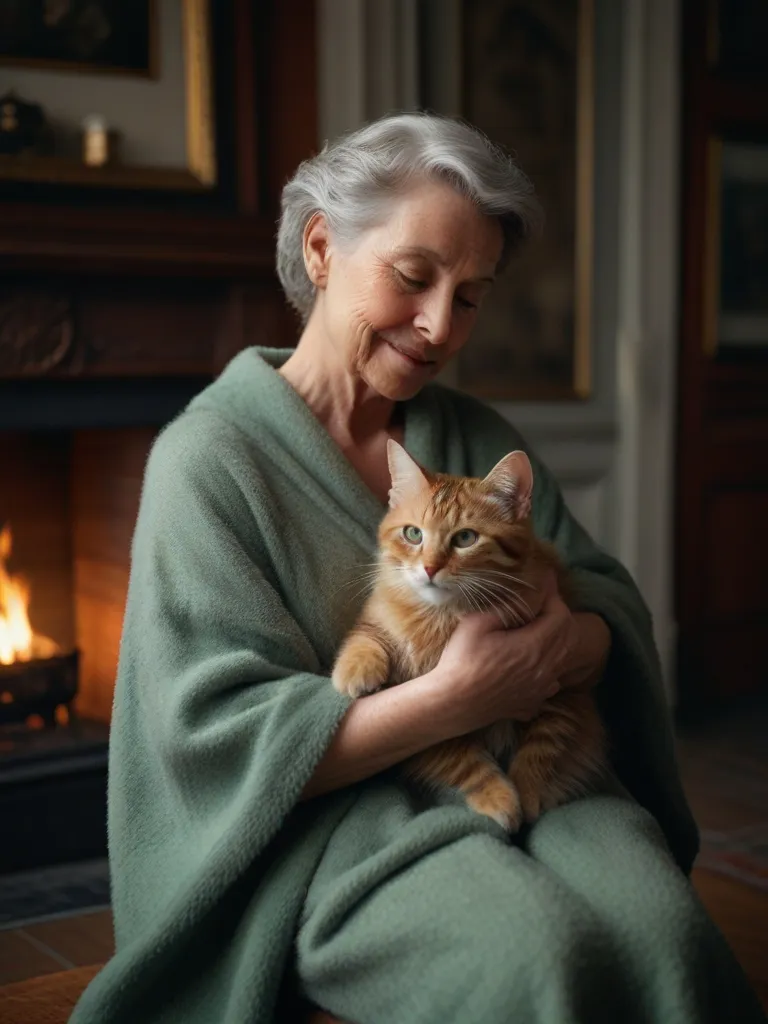 a woman sitting in front of a fire holding a cat
