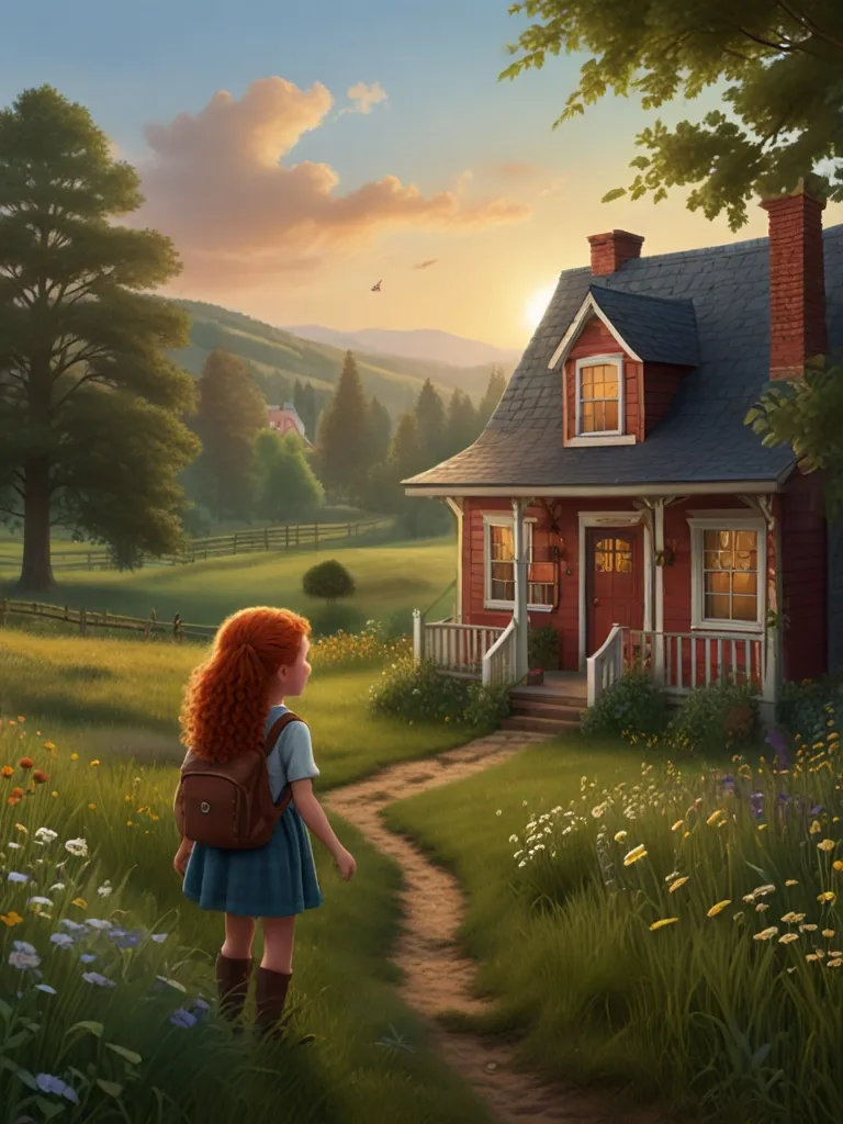 a painting of a little girl looking at a house